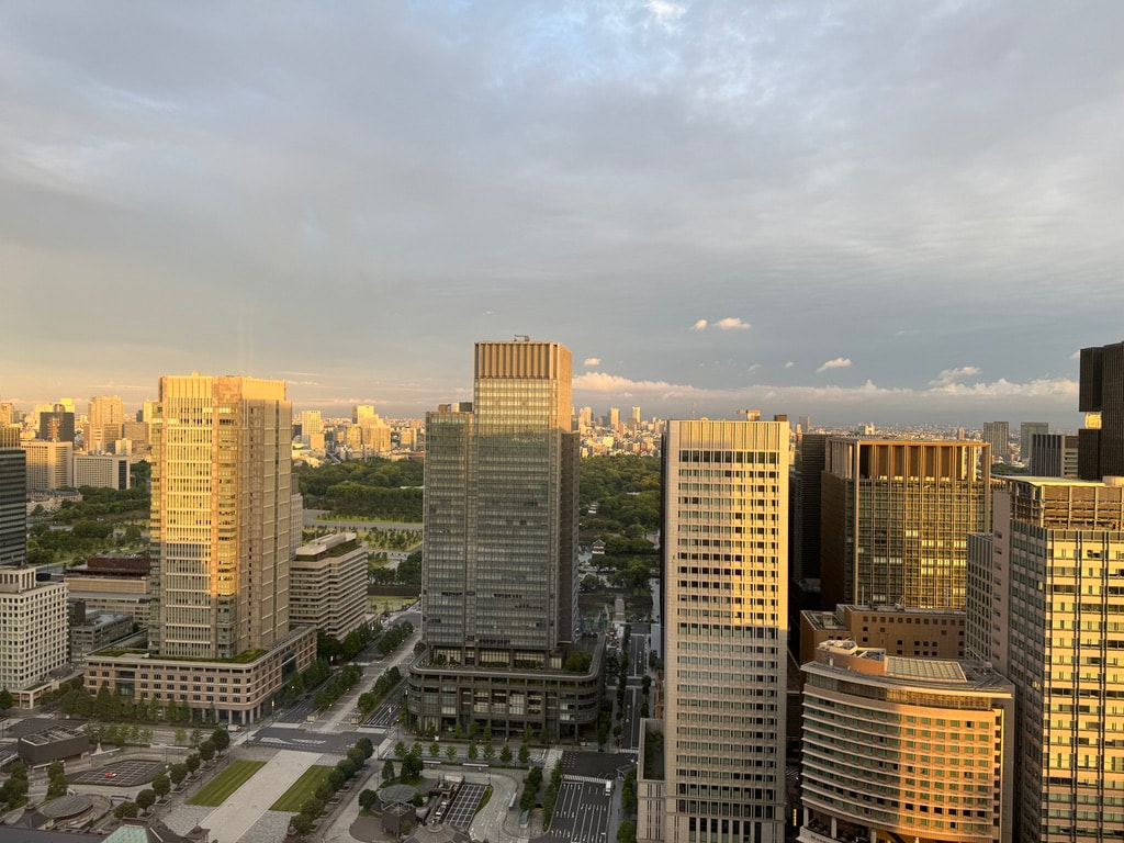 Cityscape with modern high-rise buildings under a cloudy sky at sunset.