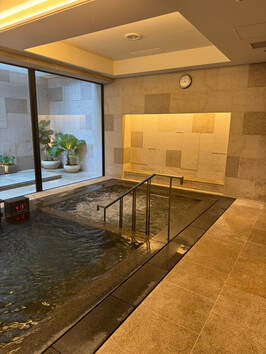 Indoor hot spring bath with a serene ambiance and warm lighting.