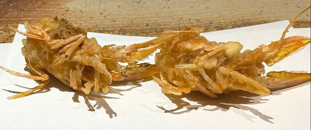 Close-up of two fried soft shell crabs on a white plate.
