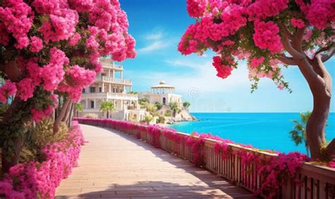 Scenic coastal walkway with vibrant pink flowers and blue sea.