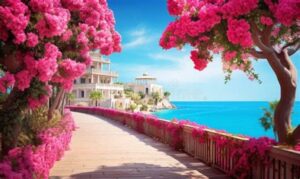 Scenic coastal walkway with vibrant pink flowers and blue sea.