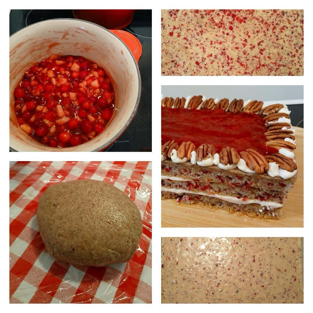 Collage of ingredients and steps for making a layered dessert with nuts and a crumbly base.