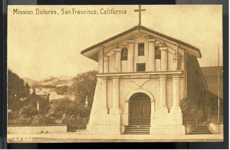 Historic sepia photo of Mission Dolores, San Francisco.