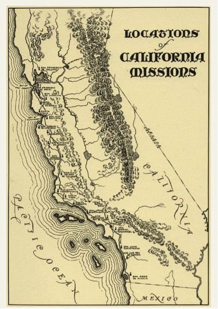 Vintage map illustrating California Missions along the coast and inland.