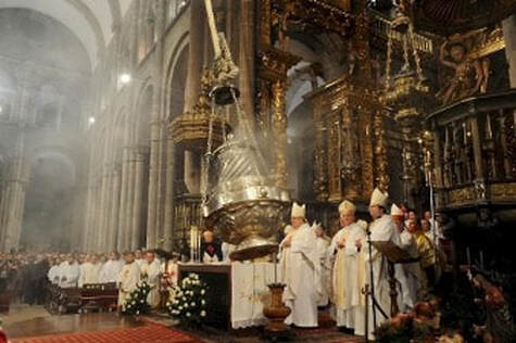 A religious ceremony inside a grand cathedral with priests and incense.