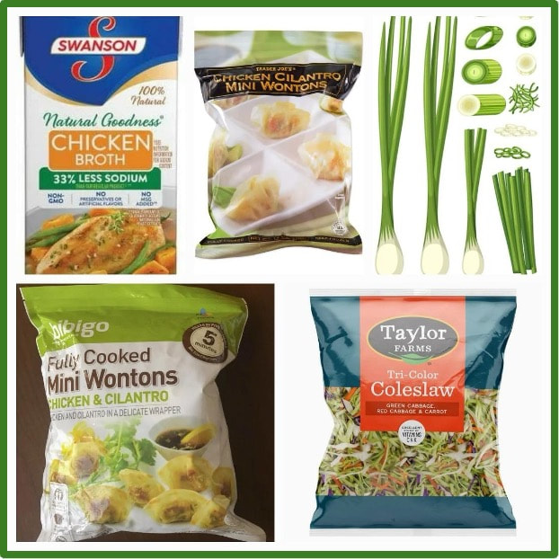 Ingredients for chicken wonton soup with herbs and noodles.