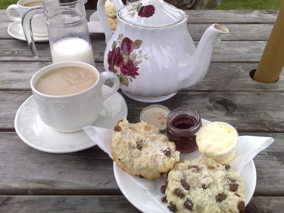 Tea with scones, cream, and jam on a wooden table outdoors.