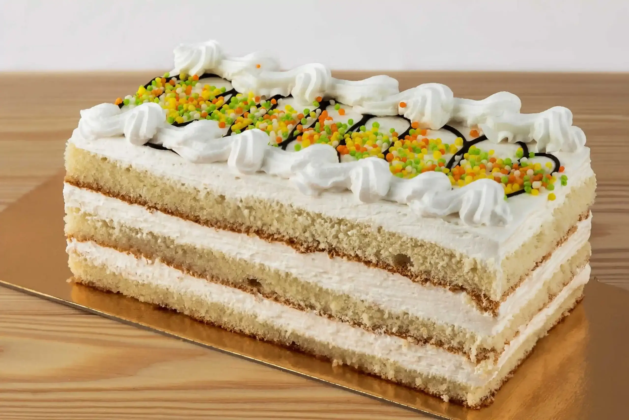 A layered cake with cream and pistachio topping.