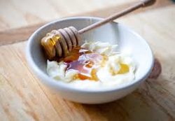 Bowl of yogurt drizzled with honey and a wooden honey dipper.