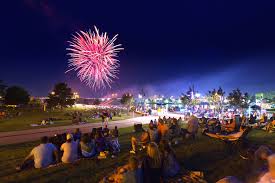Fireworks light up the night sky over a lively park filled with people.