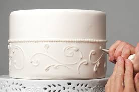 A hand decorating a white cake with floral icing patterns.