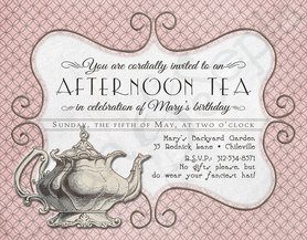 Elegant vintage afternoon tea invitation with ornate teapot design.