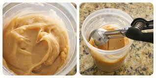 Two bowls showing peanut butter being stirred and scooped.