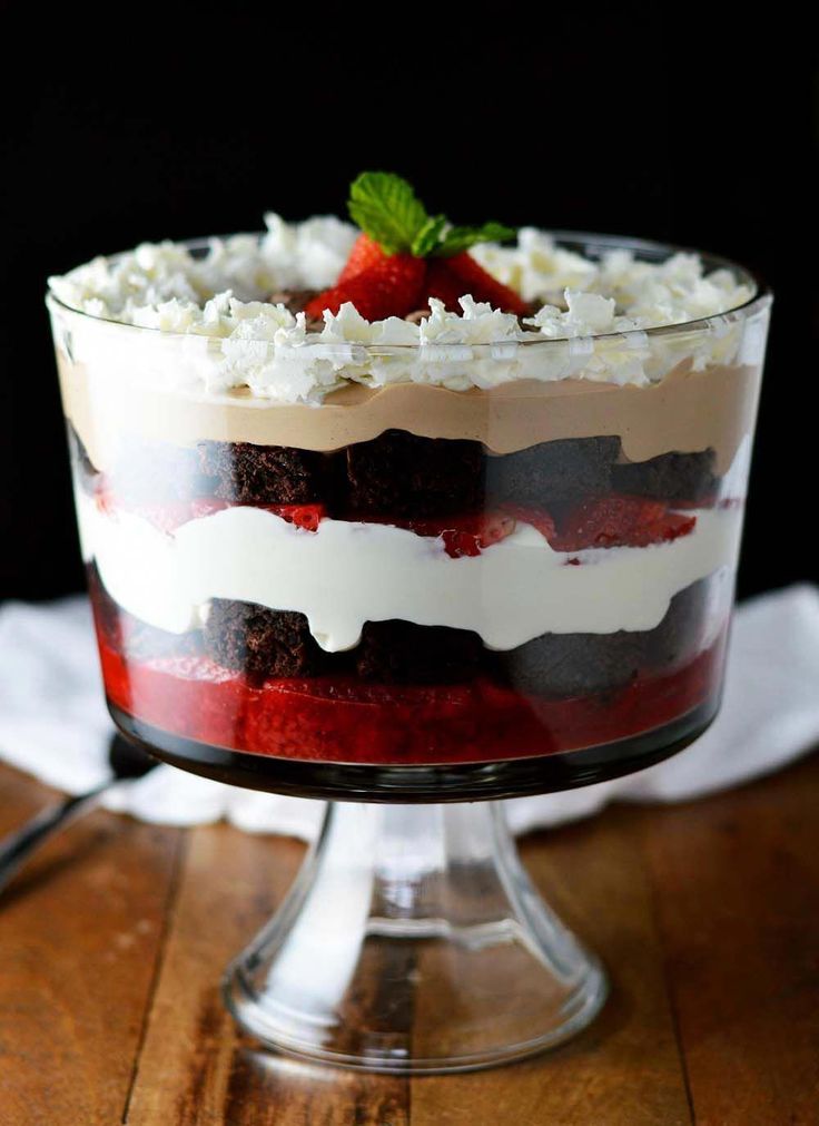Layered dessert with cake, cream, and fruit in a trifle bowl.