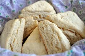 Close-up of freshly baked scones arranged in a basket.