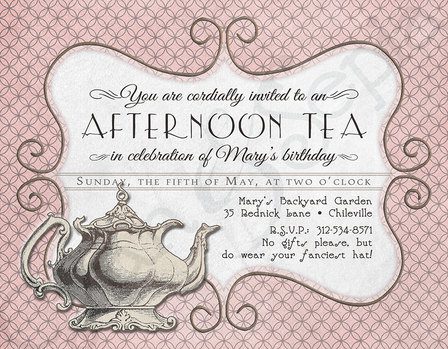 Elegant afternoon tea invitation with vintage teapot and floral design.
