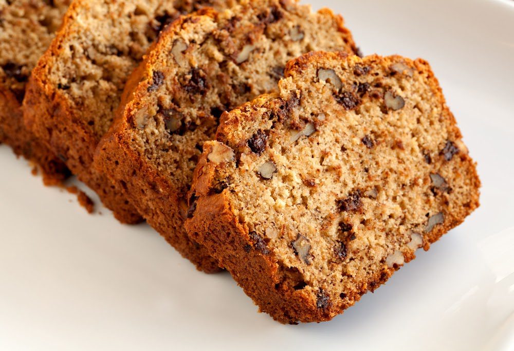 Close-up of sliced banana bread with chocolate chips.