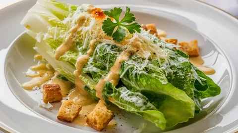 Fresh Caesar salad with crispy croutons and grated cheese.