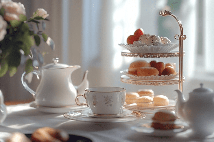 Elegant tea setting with delicate china and pastries.