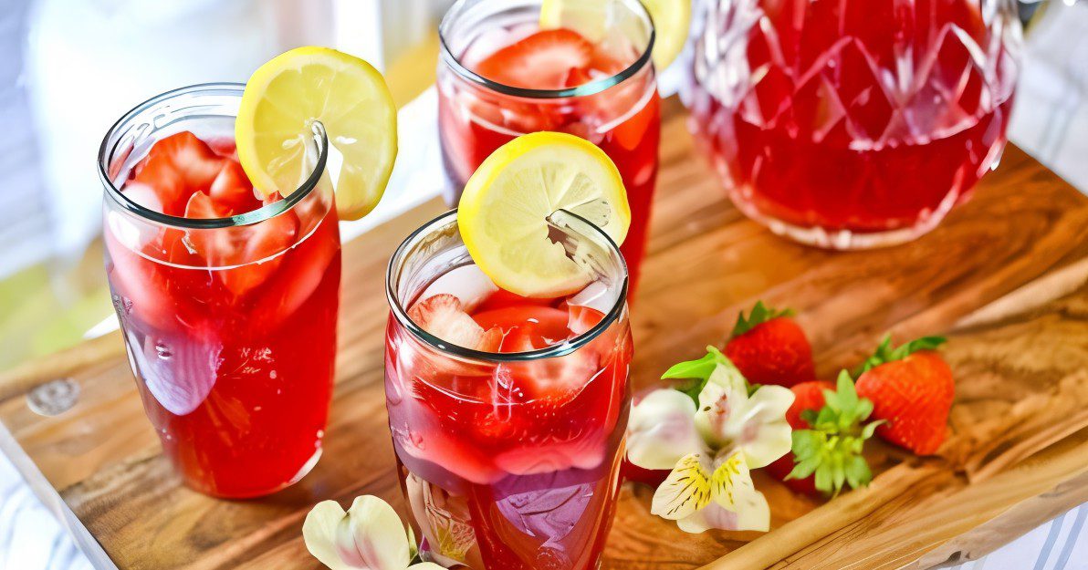 Refreshing iced tea with lemon and strawberries on a wooden table.