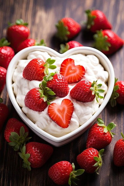 Heart-shaped bowl of strawberries and cream dessert.
