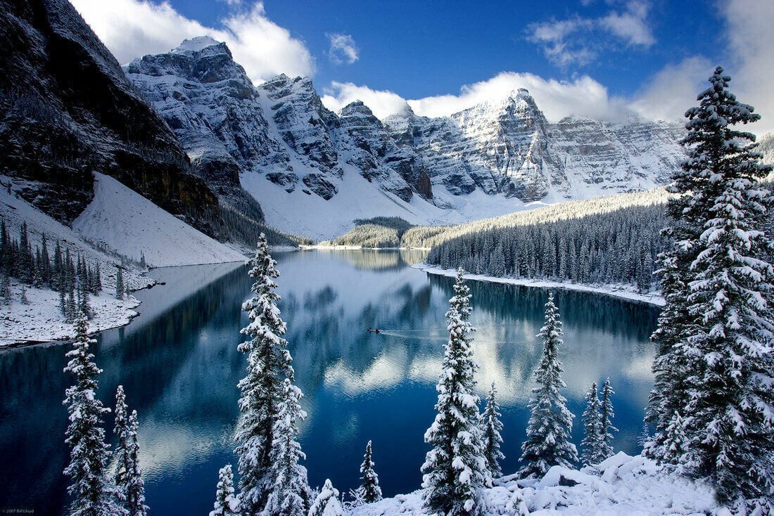 Snow-covered trees by a calm mountain lake under a clear blue sky.
