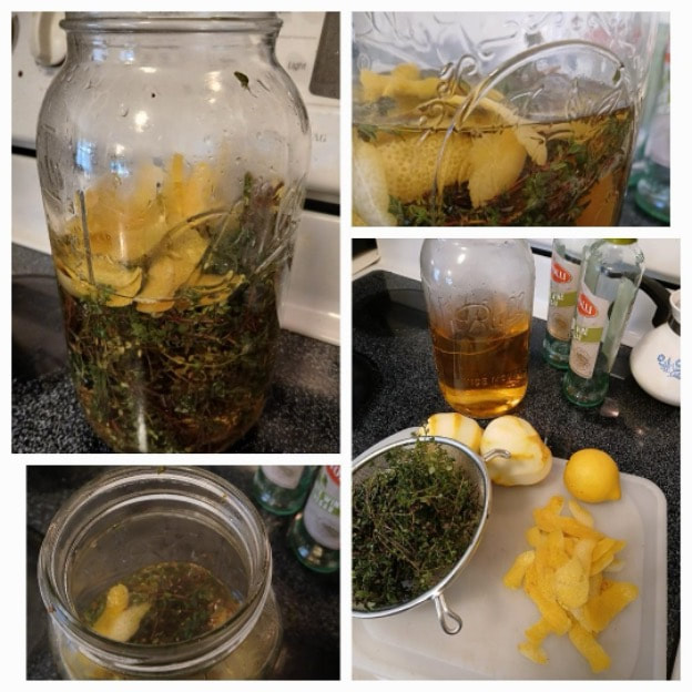 Collage showing tea preparation with lemon and herbs in jars and cups.