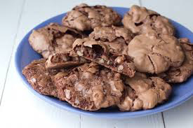 Plate of homemade chocolate chip cookies with nuts.