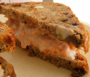 Close-up of a sandwich with melted cheese and tomato filling.