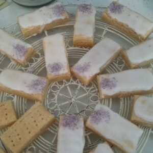 Frozen dessert bars with a crumbly base and purple topping on a cooling rack.