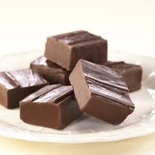 Close-up of rich chocolate fudge pieces on a white plate.