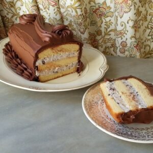 A slice of layered chocolate cake with caramel filling on a plate.