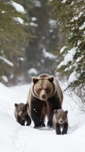 A mother bear with her two cubs walking through a snowy forest.
