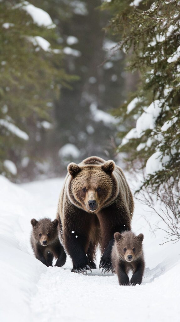 A mother bear with her two cubs walking through a snowy forest.