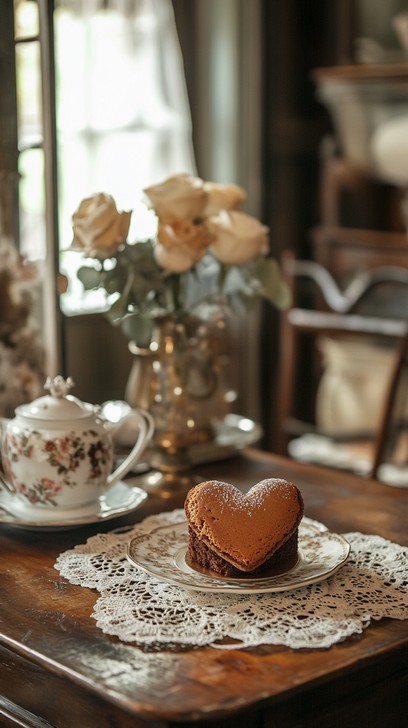 A warm tea setting with a heart-shaped cookie and roses in a vase.