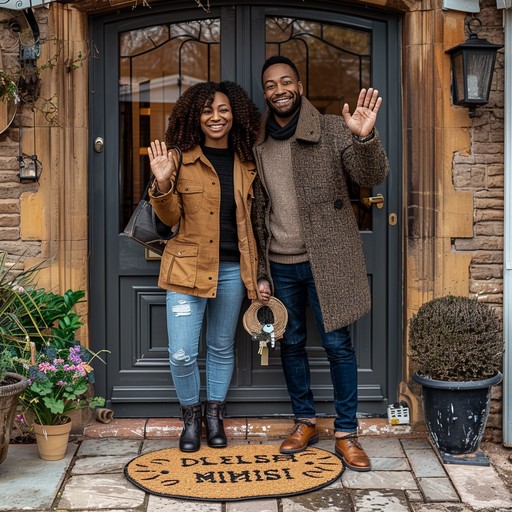 Happy couple standing at their home entrance with a dog.