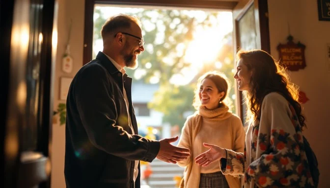 Three people warmly greeting each other indoors with sunlight streaming in.