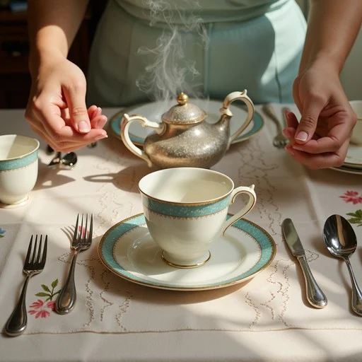Person preparing an elegant tea setting with fine china and silverware.