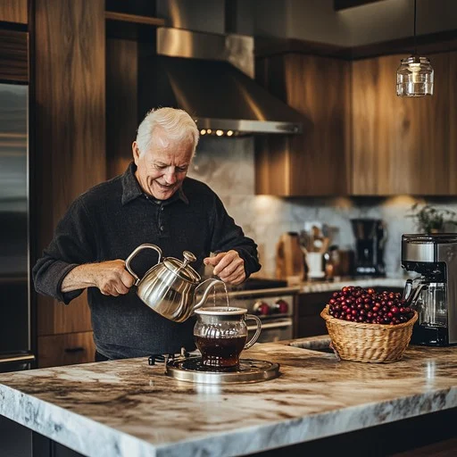 Older man happily making coffee in a cozy kitchen.