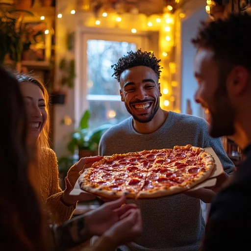 Friends happily sharing a large pepperoni pizza at a cozy gathering.