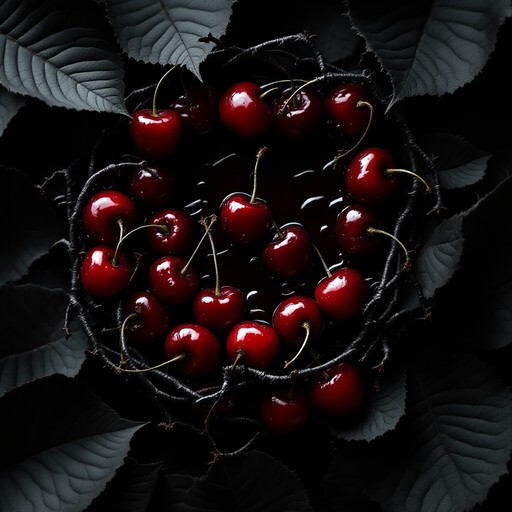 A bowl of ripe red cherries on dark leaves.