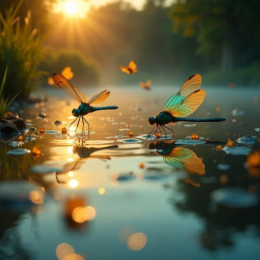 Dragonflies flying above a reflective water surface at sunset.