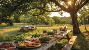 Picnic table with food under a tree.