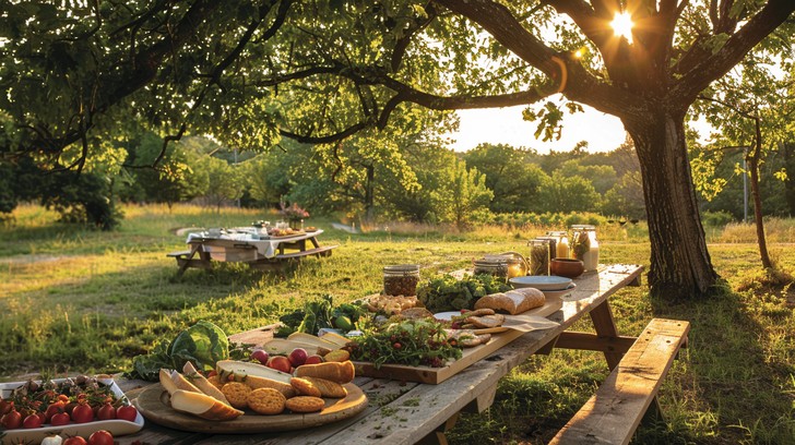 Outdoor picnic table with assorted breads and jars under a large tree.
