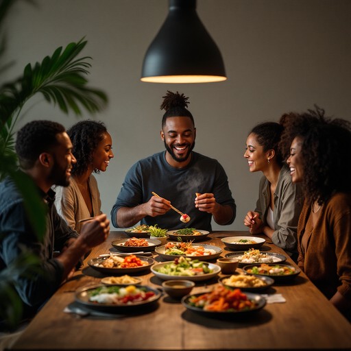 Friends enjoy a joyful dinner with diverse dishes at a cozy table.