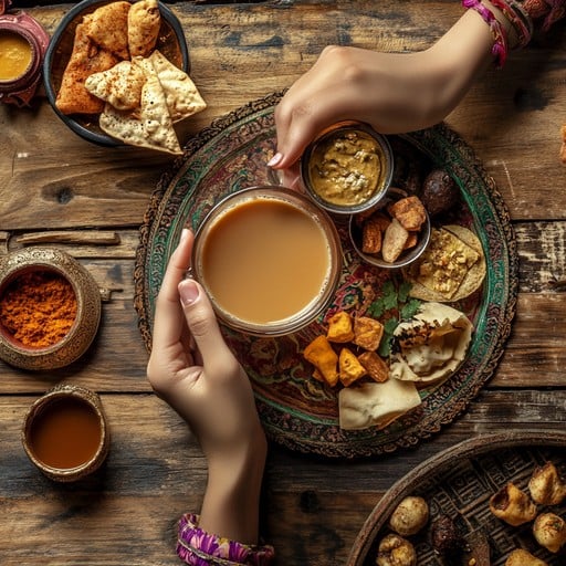 Hands holding a cup of tea with traditional snacks on a wooden platter.