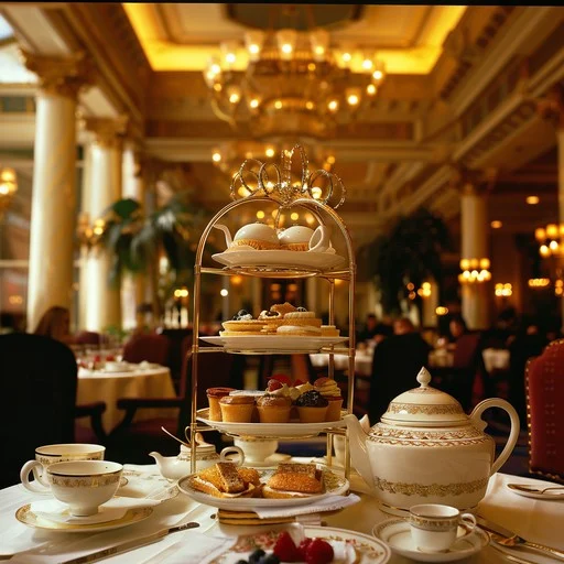 Elegant high tea setting with tiered pastries and fine china in a luxurious room.