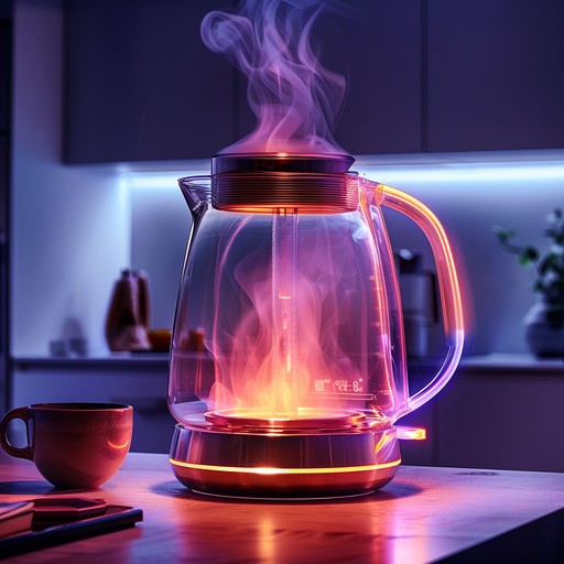 A glass electric kettle glowing with purple and orange light as it boils water.