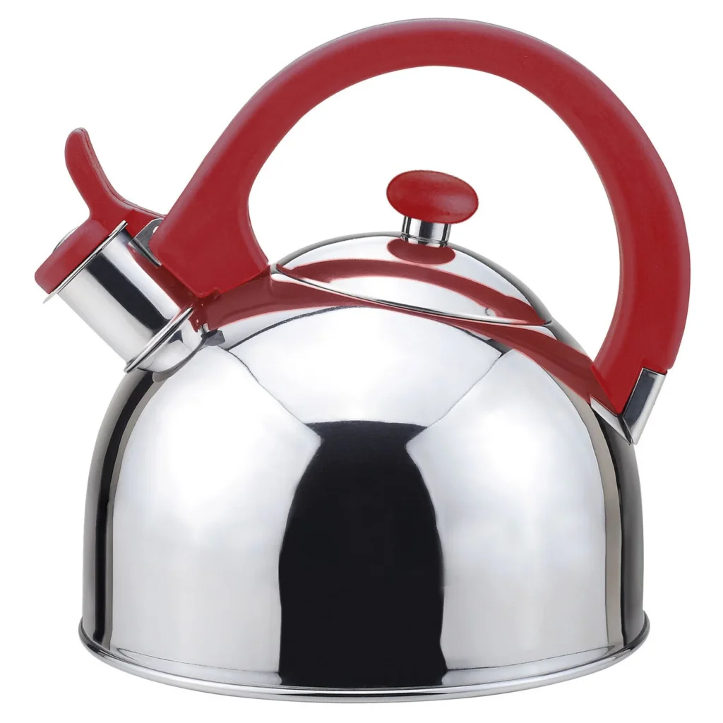 A shiny stainless steel kettle with a red handle and spout cover.