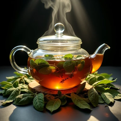 Glass teapot with steaming herbal tea and fresh mint leaves.